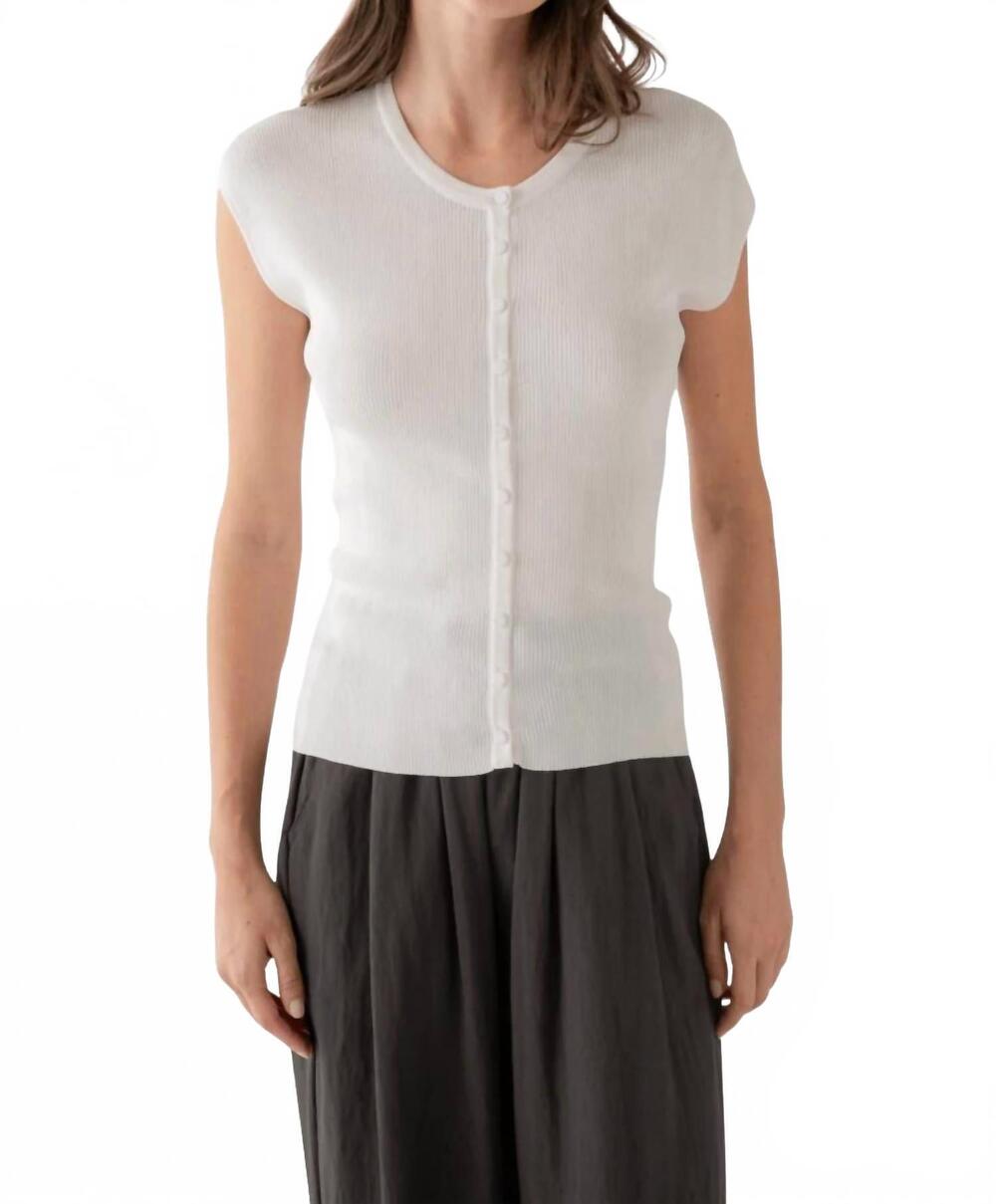 NEW ELLE GREY ribbed cap sleeve button knit top in white